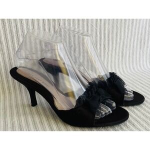 Lower East Side Black Satin Mule Heels Ruffle Bow Open Toe Dress Sandals 8 Party